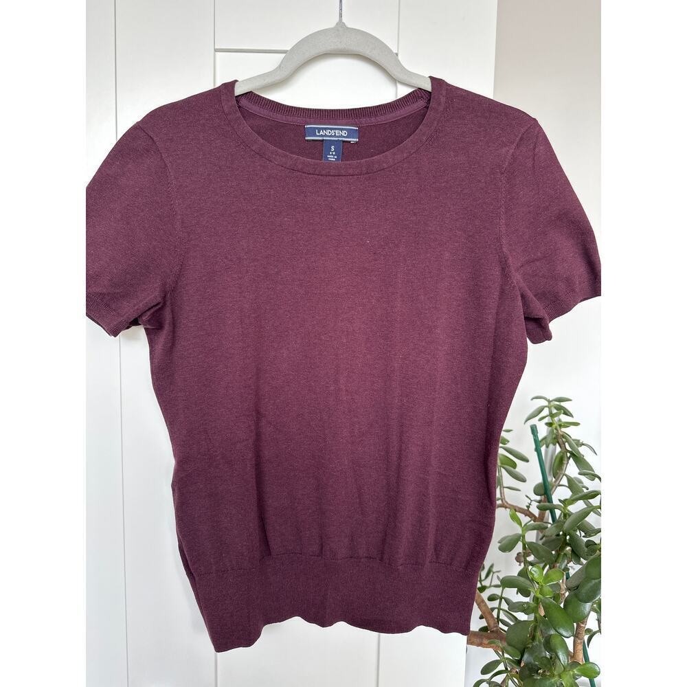 Land's End Women's Cotton Blend Maroon Short Sleeve Knit Sweater Top, Size S
